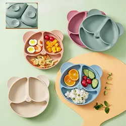 Bear shape silicone baby dinner plate, safety material, non-slip child feeding bowl with suction cup, BPA-free, newborn gift