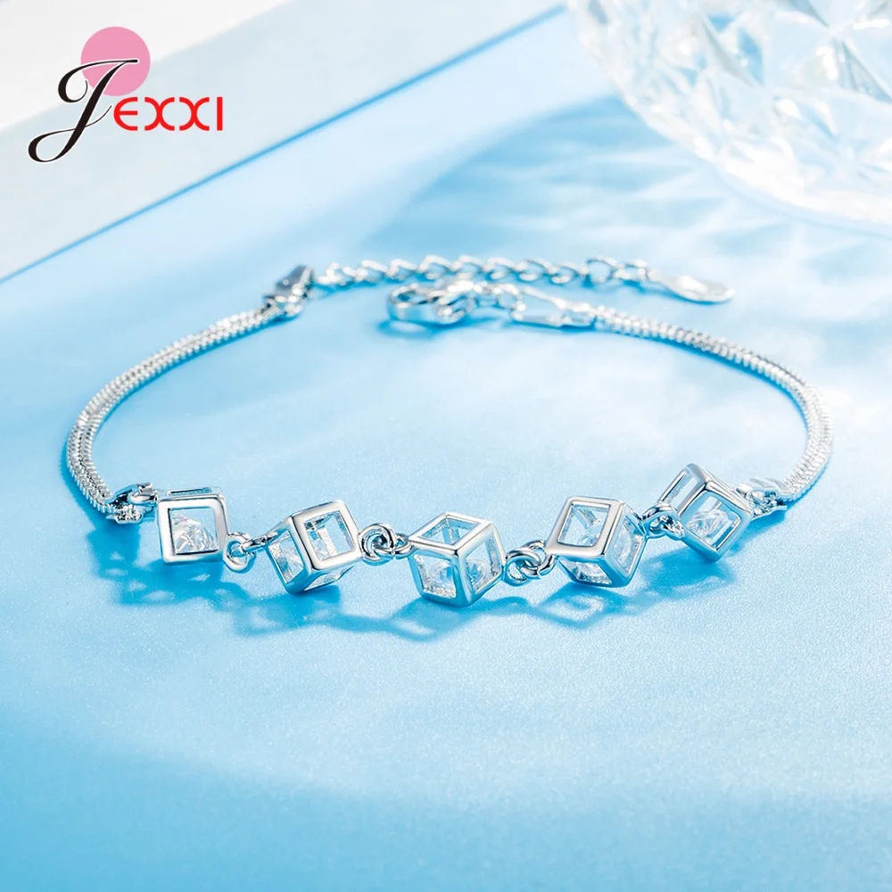 New Promotion Genuine 925 Sterling Silver Cube Geometry AAA Cubic Zirconia Bracelets For Women Female Birthday Present