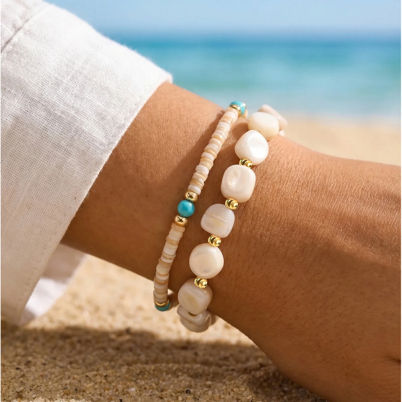 Boho Beaded Bracelet Natural Shell Turquoise Bead Chain Stackable Layering Bracelet for Women Summer Beach Jewelry