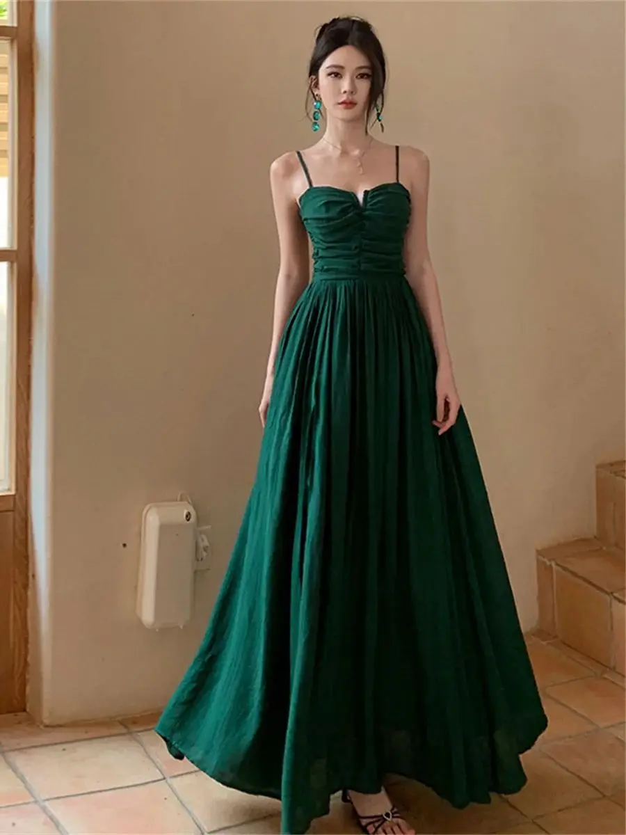 

Vintage Solid Strapless Long Green Dresses Women Sexy Spaghetti Strap Evening Party Dress Summer Vacation Beach Dress