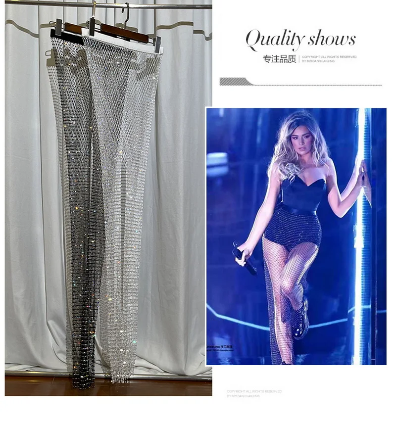 H80&S90 New Crystal Diamond Shiny Women Pants Fashion Hollow Out Mesh Wide Leg Trousers Sexy And Club See Through Beachwear