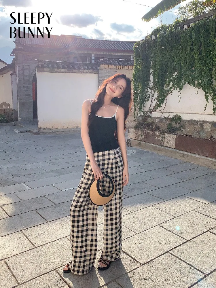 

Vintage High Waist Plaid Wide Leg Pants Black White Checkered Trousers for Women Summer Casual Relax Floor Length Long Pants