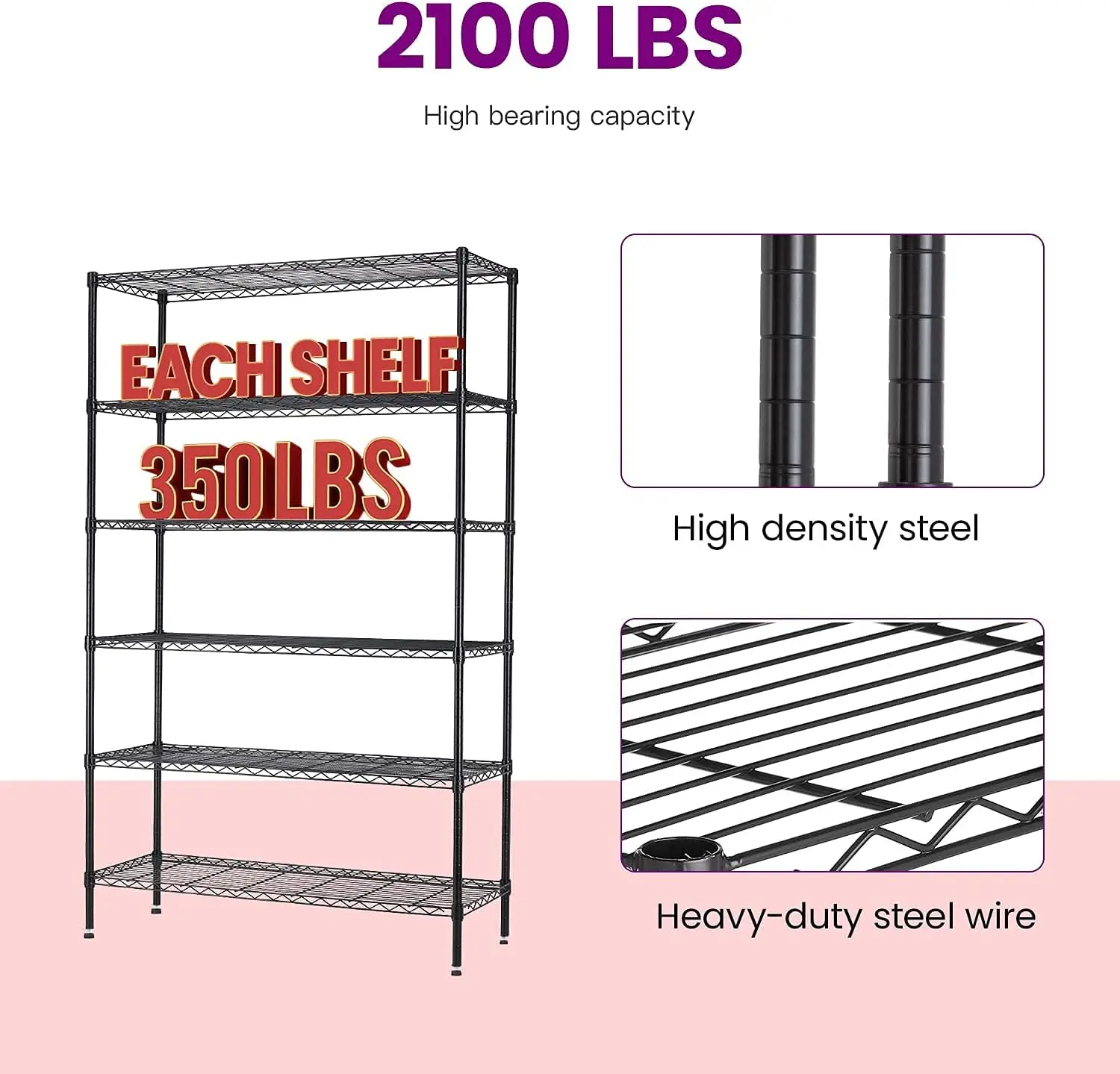 48"L×18"W×82"H Wire Shelving Unit Storage Cart Metal Shelf Rolling Utility Cart 2100Lbs Capacity, Black