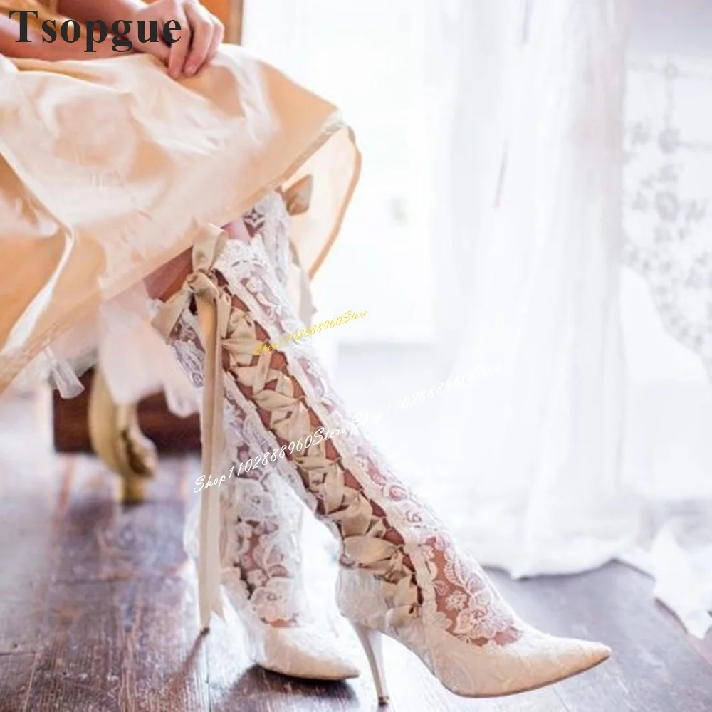 Trendy Knee High White Lace Cross Tied Boots Thin High Heel Women Shoes Side Zipper Pointed Toe 2024 Fashion Zapatos Para Mujere