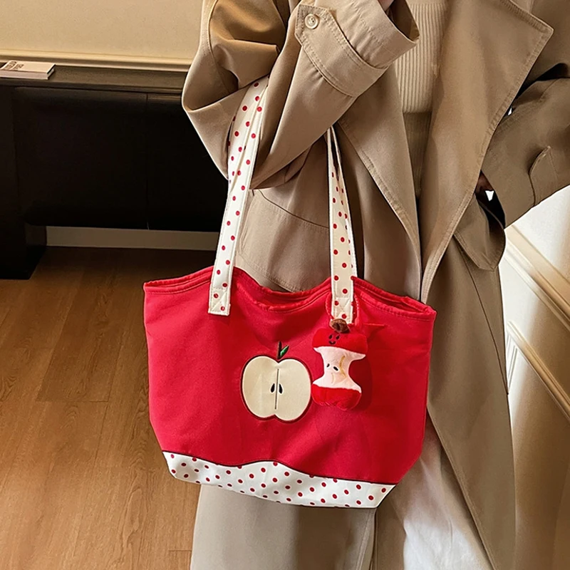 Cute Apple Pattern Canvas Tote Bag Women Sweet Polka Dot Shoulder Bag Large Capacity Casual Handbag Daily Shopping Storage Bag