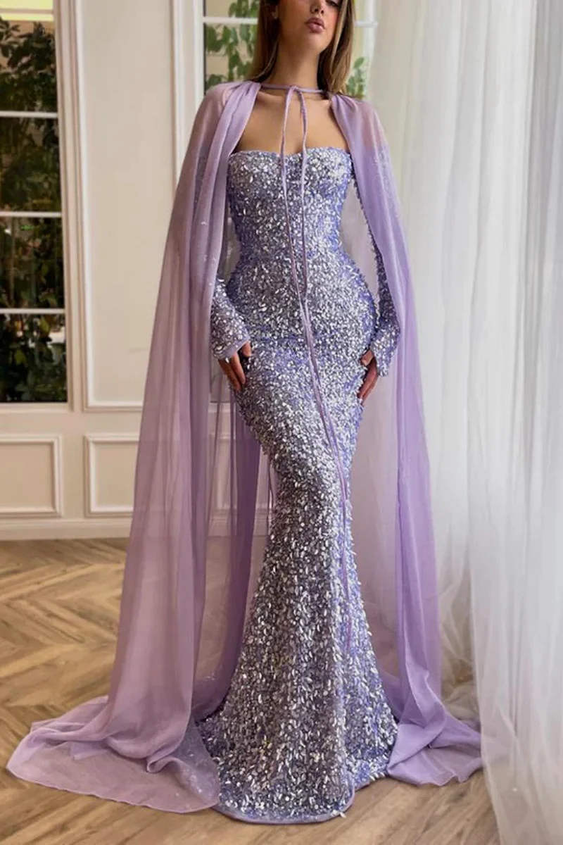 

Purple Shiny Cocktail Evening Dress Sweetheart Off-Shoulder Long Sleeves Sequin Shawl Woman Prom Party Celebrity Gown