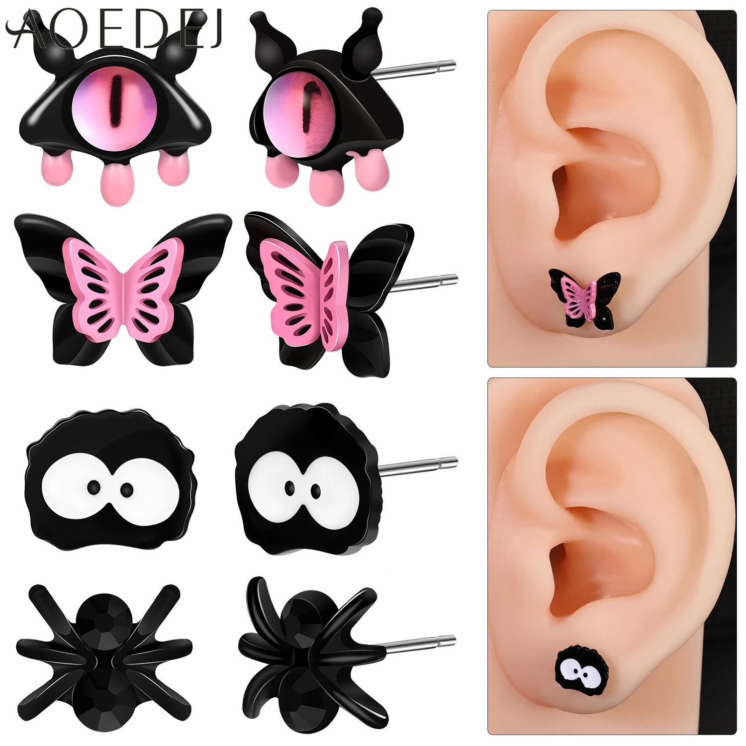 

AOEDEJ 0.7MM 1 Pair 925 Sterling Silver Stud Earrings Unisex Halooween Ear Studs Black Spider Monster Helix Conch Lobe Piercings