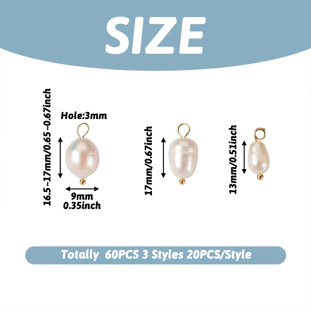 60Pcs Natural Cultured Freshwater White Pearl Charms Rice Shape Golden Color Pendants for Earring Choker Necklace Jewelry Making