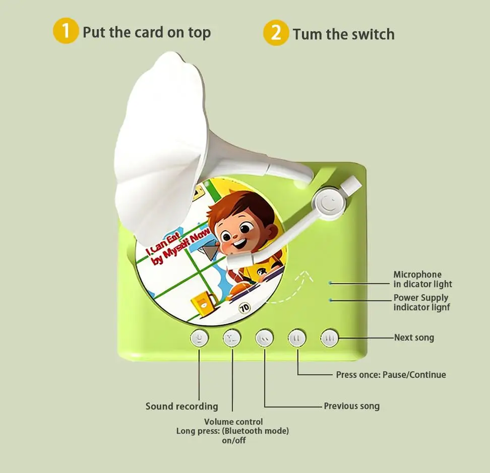 Plattenspieler für Kleinkinder, Kinder-Phonograph mit 96 Karten, Story-Musik-Player, Audio-Geschichtenerzählen, Spielzeug, frühes Lernen, Kindermusik, Schlafenszeit