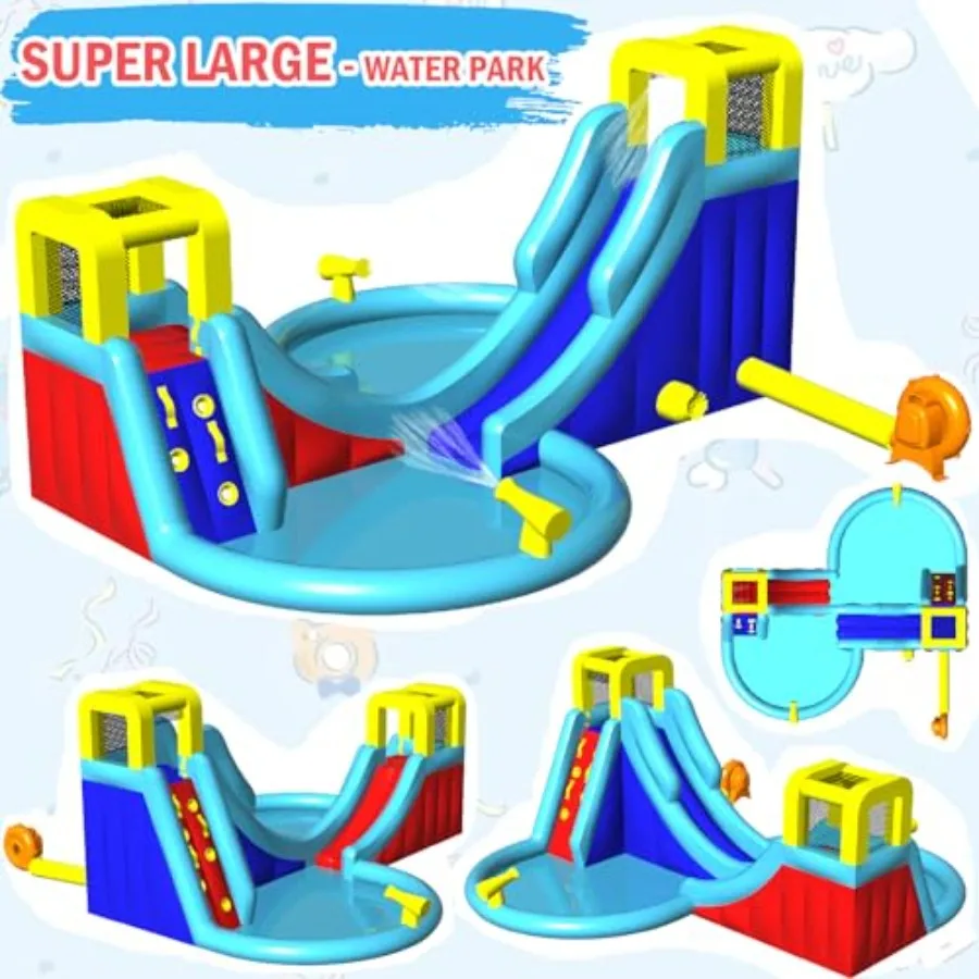 Backyard inflatable water slides for outdoor use, PVC material, blue and yellow, features climbing wall, basketball rim, splash
