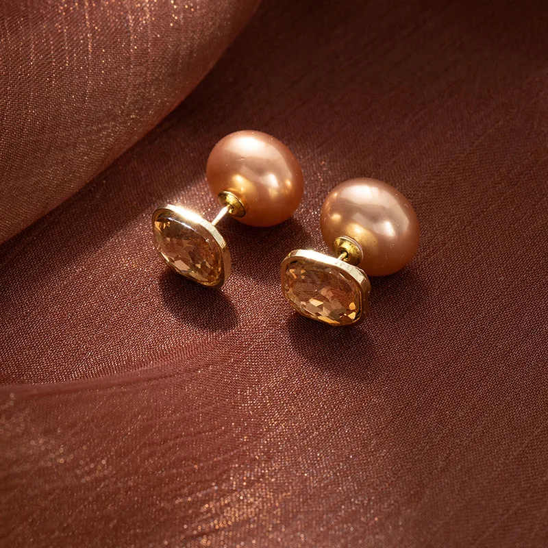 1Pc front and rear two wearing champagne steamed buns, pearl square diamond earrings, high-end stud earrings,