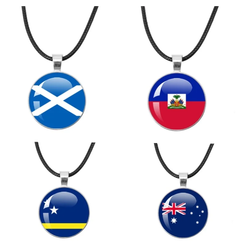 Colombia, Switzerland, Argentina, Qatar, Canada, Australia Glass Cabochon National Flag 25mm Leather Necklace Pendent Gift