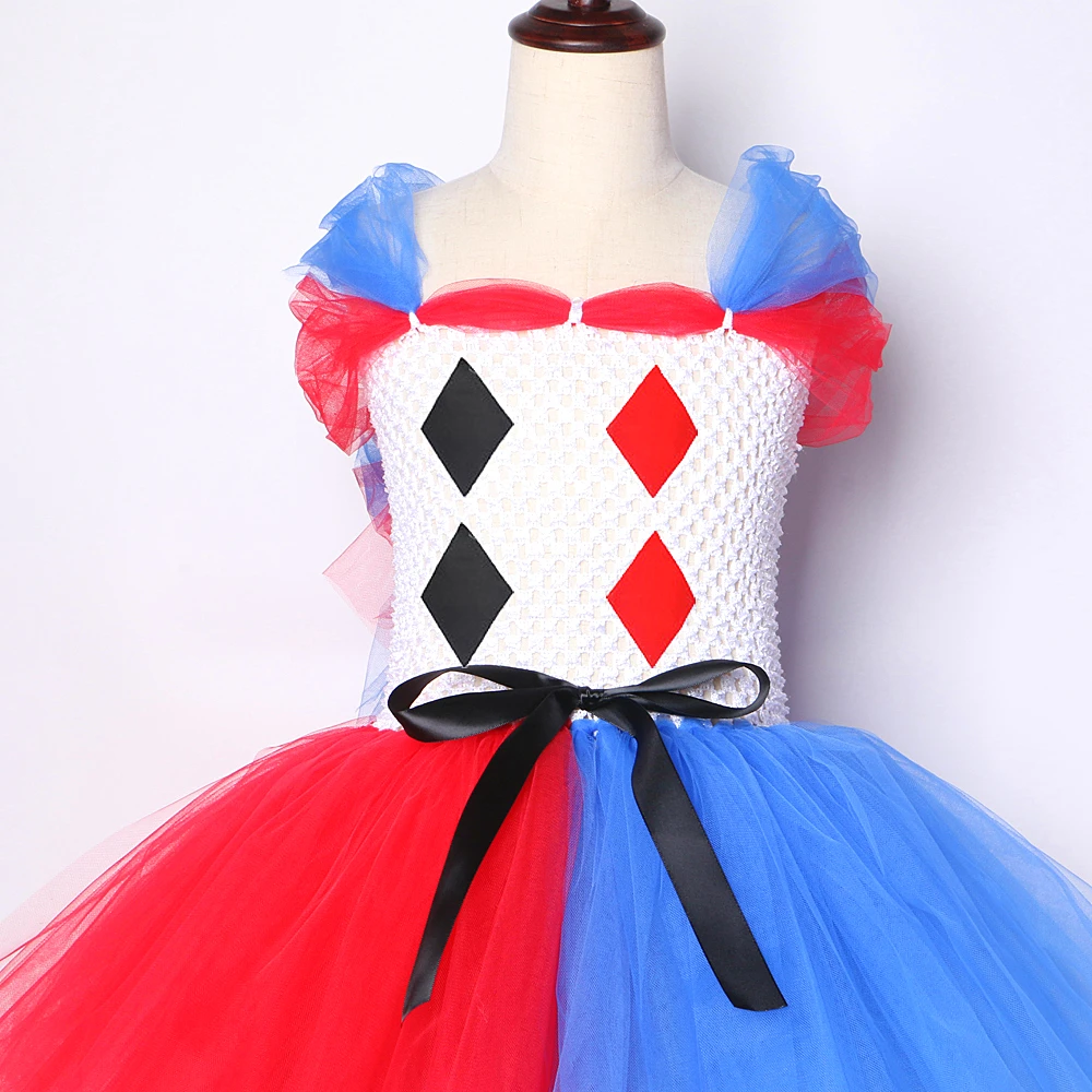 red clown dress Girls Dress Red Blue Clown Check Heart Halloween Party Puff Sleeve Tulle 7  Years
