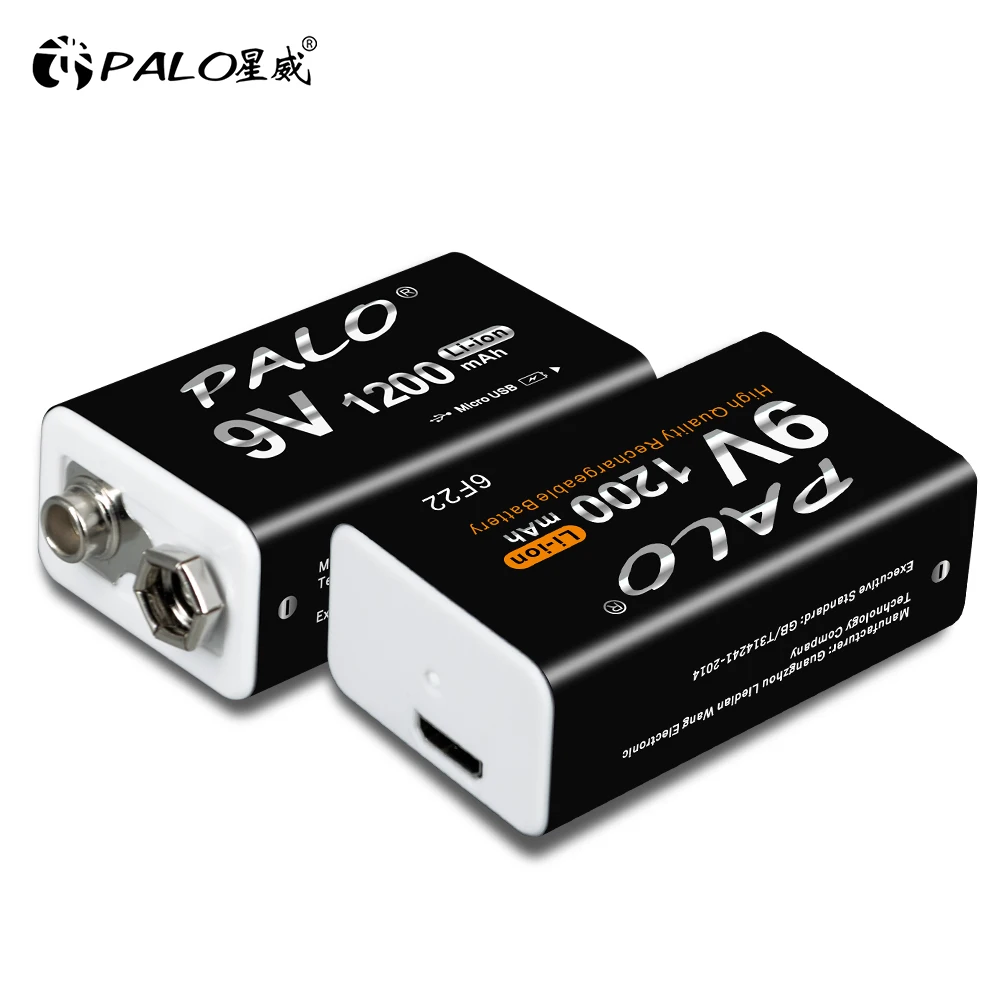 PALO 1200mAh 9V Battery Rechargeable Li-ion Crown Micro USB 6F22 9v Battery for Metal Detector MicrophoneRC Helicopter Model