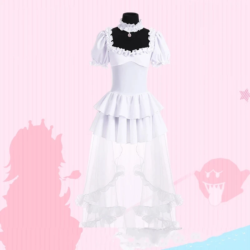 Anime Boosette Cosplay Costume Bowsette Cosplay Princess Koopa White Long Dress Ball Gown Retro Medieval Dress Halloween