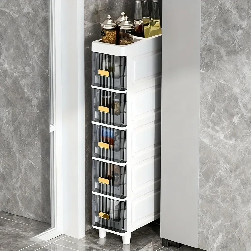 

KEEHOME 5-Tier Plastic Tall Narrow Storage Cabinet With Movable Wheels, Adjustable Shelves, Slim Bathroom Organizers And Storage For Sma