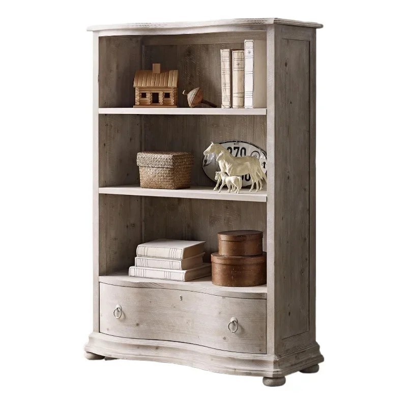 

European solid wood old bookcase, American country oak carved bookcase, simple European French retro bookshelf