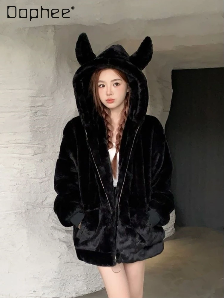 Original Cute Ear Plush Coat for Women 2025 Autumn Winter New Black Thickened Cute College Style Kawaii Loose Warm Faux Fur Coat