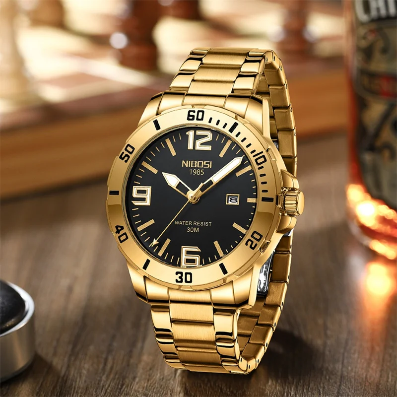 NIBOSI-reloj de cuarzo dorado para hombre, cronógrafo deportivo de acero inoxidable, resistente al agua, luminoso, clásico, de pulsera, de lujo