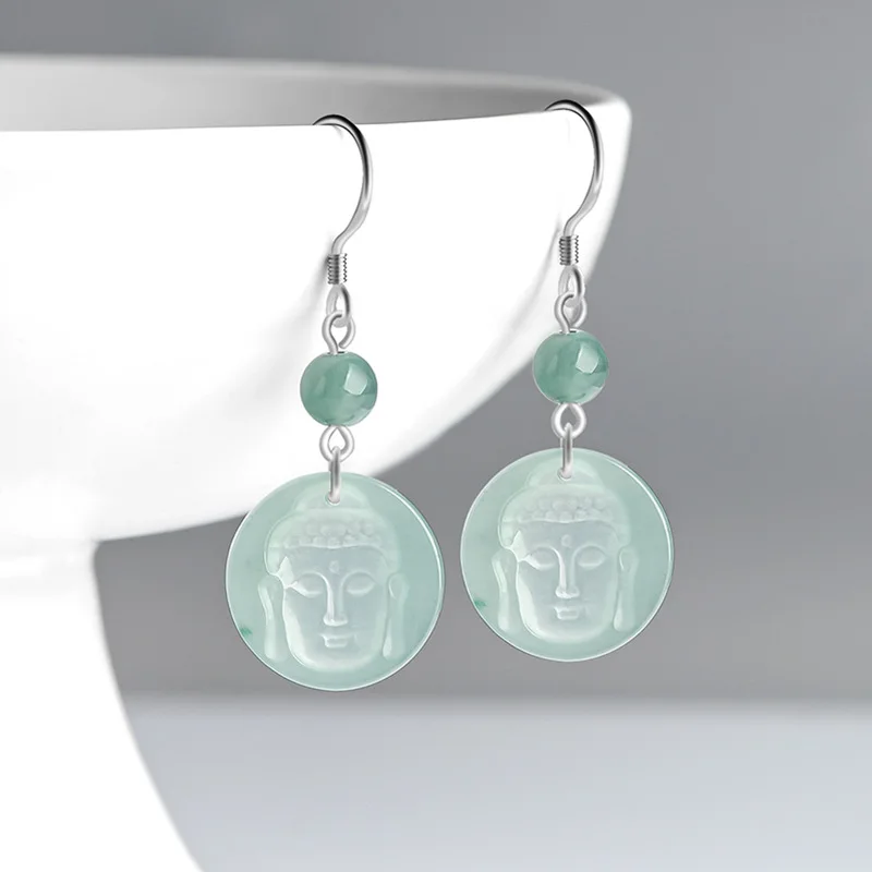 Natural A-grade Jade Blue Buddha Face Earrings With Embossed Craft S925 Silver Inlaid Ice Jadeite Jewelry For Women's Gifts