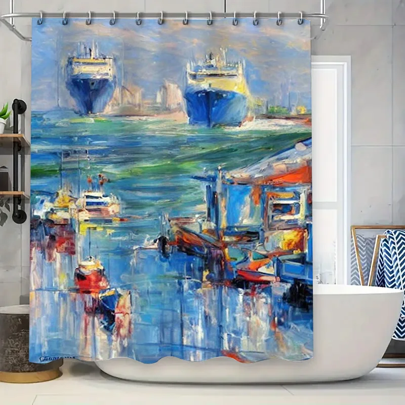 

Artistic Blue Boat Bath Mat Set Non-Slip Bathroom Rug with Flowers Design Waterproof Home Decor