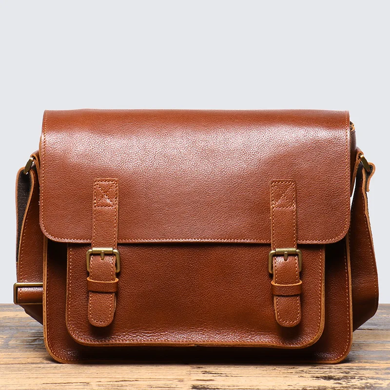 

New retro men's leather shoulder bag women's vegetable tanned leather crossbody cowhide Cambridge bag large capacity fashion sim