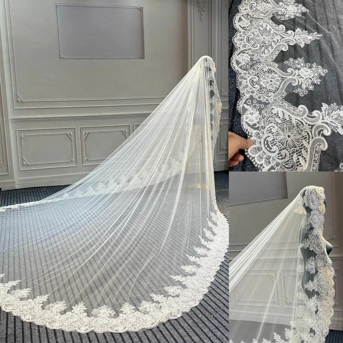 Classic Lace Wedding Veil White Ivory Cathedral Bridal Veil 3 Meters Bride Veil One Layer Appliqued Wedding Accessories