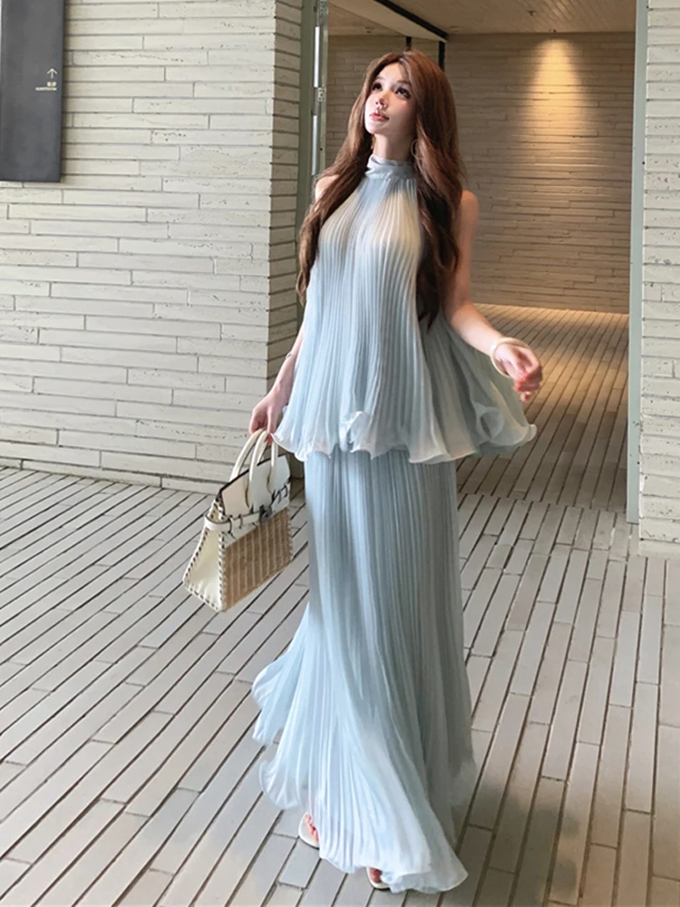 Summer Vacation Style Sexy Sleeveless Shoulder Bared Pleated Belted Chiffon Top Women's Wooden  Half Skirt Set Casual Fas...