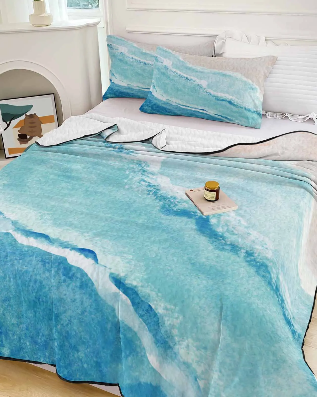 

Ocean Waves Beach Turquoise Gradient Summer Cooling Quilt Air Condition Blanket Comfortable Lightweight Bedroom Thin Quilt