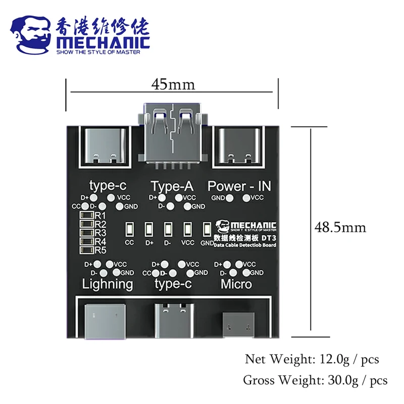 MECÂNICA DT3 Data Cable Detection Board, USB Cable Tester, On-Off Switching Test Tool, Tipo-C Curto Circuito, iOS, Android