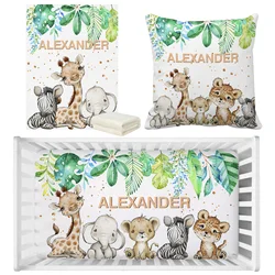 LVYZIHO Custom Name Cute Jungle Animals Greenery Baby Bedding Set, Birthday Gift Toddler Bedding Set, Baby Shower Bedding Set