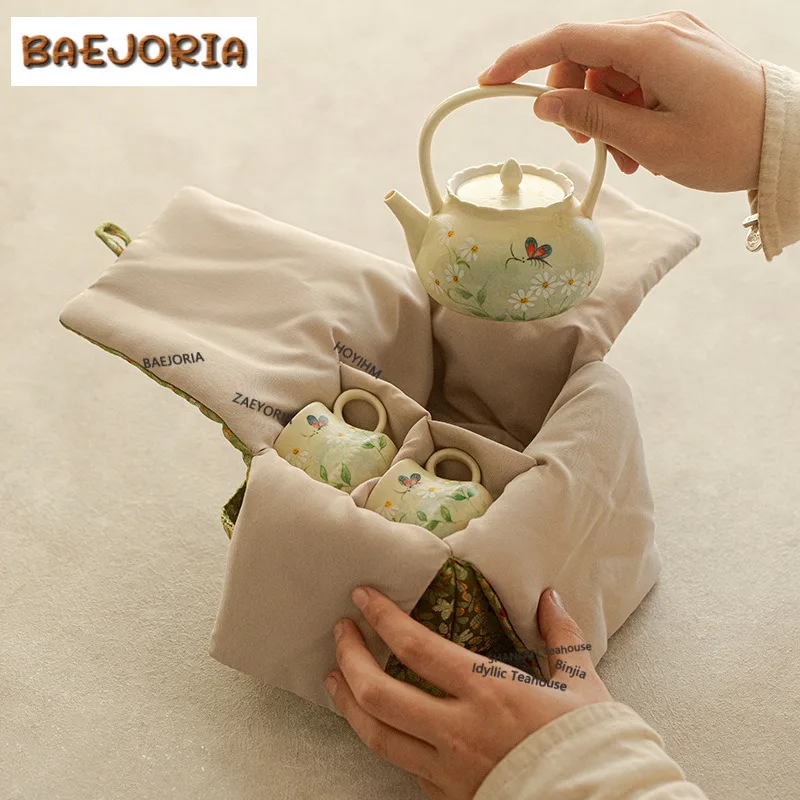 Hand-painted Oil Painting Daisy Travel Tea Set Kit Zen 1 Pot 3 Cups Tea Making Organizer Portable Outdoor Stock Bags Supplies view 4