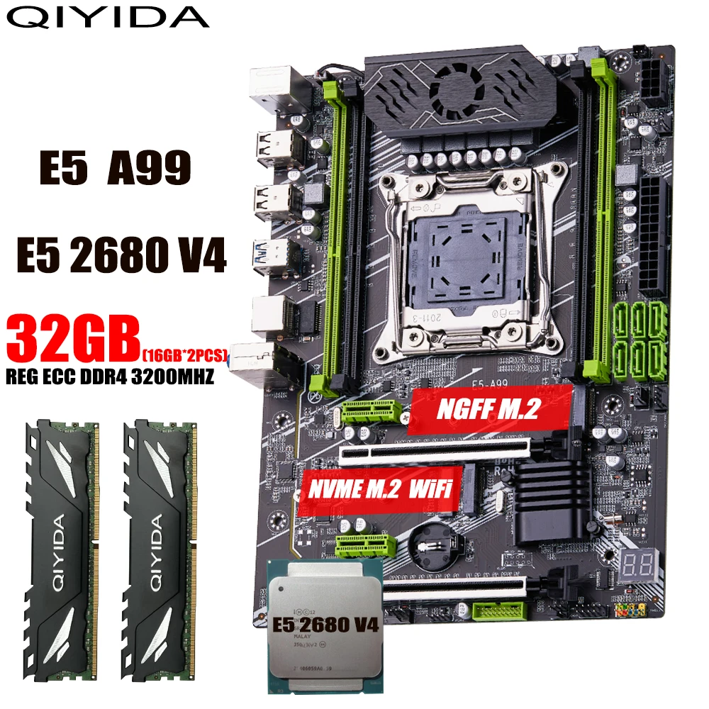 QIYIDA X99 motherboard set kit LGA2011-3 xeon E5 2680 V4 2*16GB=32GB 3200MHz 4 channels DDR4 SATA 3.0 nvme M.2 SATA M.2ATX