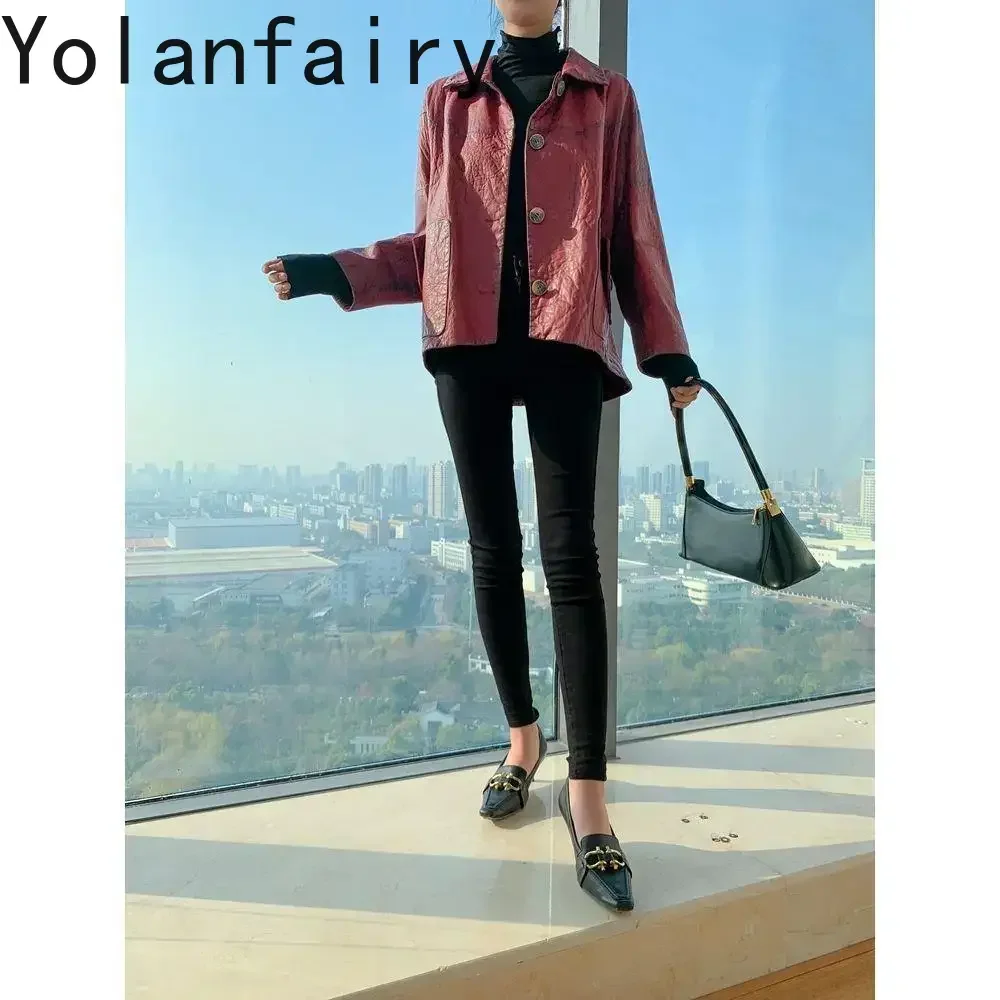 YOLANFAIRY Spring Autumn Genuine Leather Jacket Women's Vintage Oil Wax Sheepskin Short Loose Women Leather Clothing Female