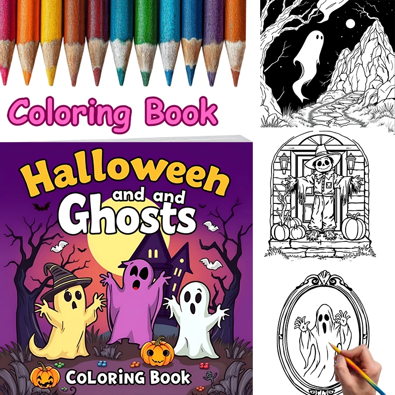 

Книжка-раскраска с призраком на Хэллоуин для взрослых | 28-страничная книжка-раскраска, принадлежности для рисования на Рождество, День Благодарения