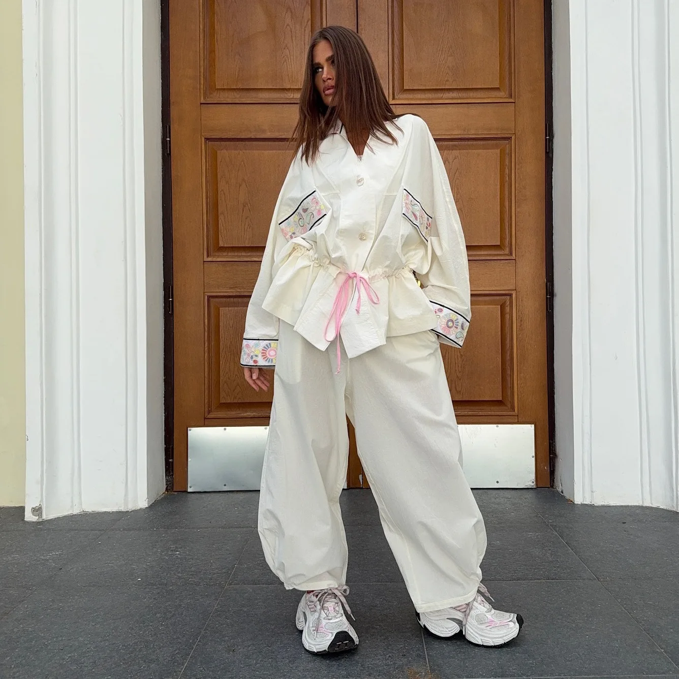 

Women's Ethnic Style Embroidery Two Piece Set Color Block Drawstring Waist Slim Fit Outfits