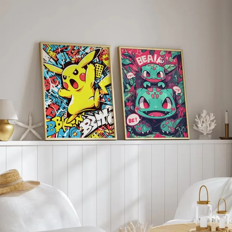 Anime Pokemon lukisan kanvas Bulbasaur Charmander Squirtle Poster dan cetak cat air dinding seni gambar dekorasi rumah hadiah anak-anak