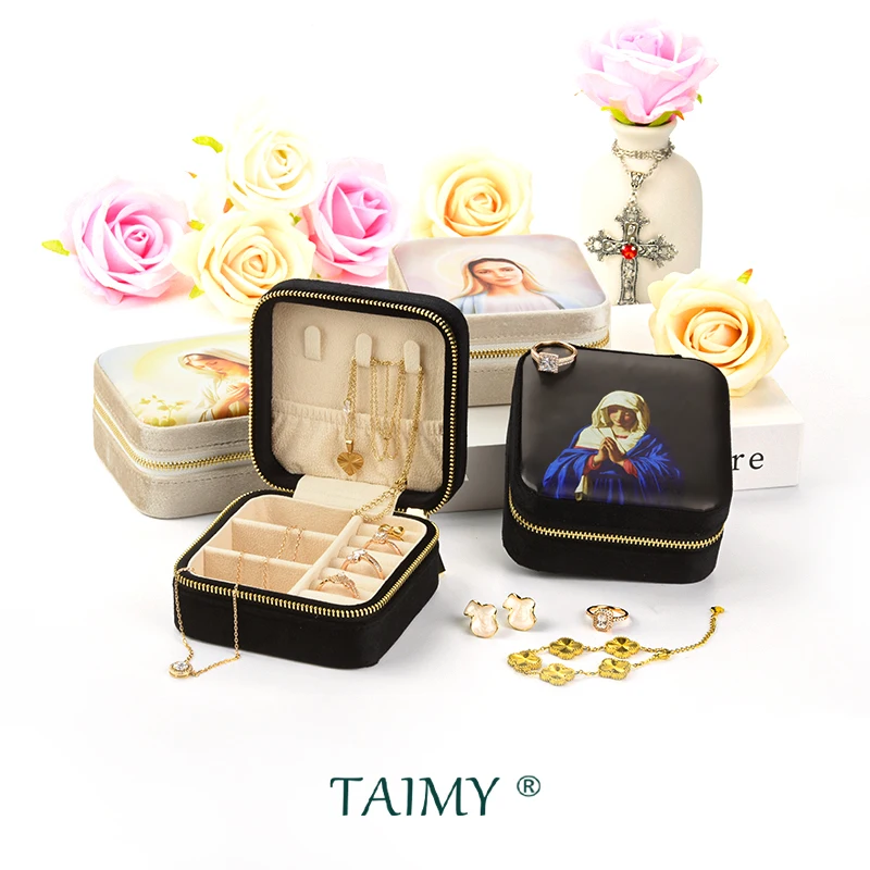 Religious Virgin Mary Velvet Jewelry Box Christian Jesus God Personalise Travel Storage Case Support Custom Photo Gift Packaging