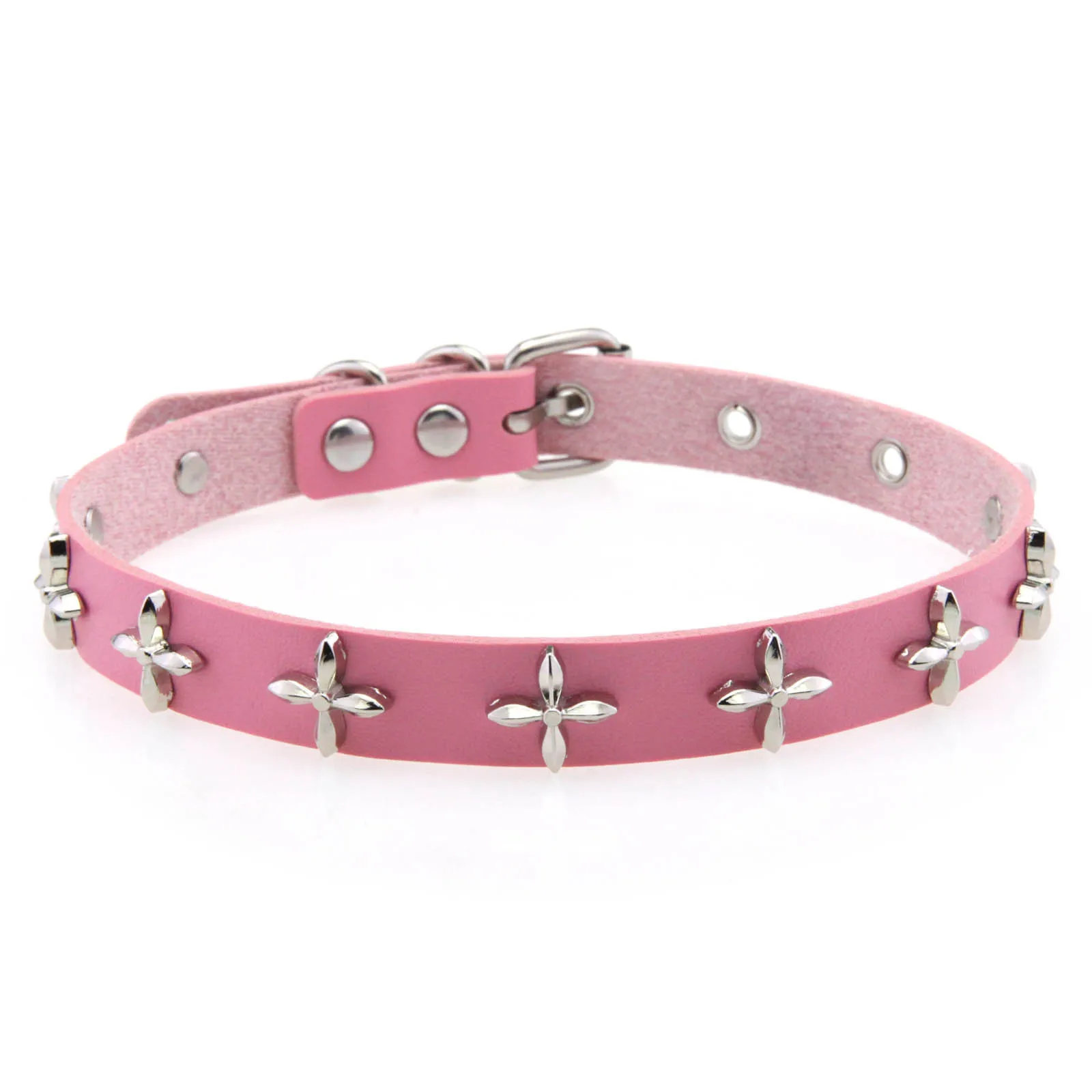 Punk Gothic Personality Sweet and cool Hot Girl Cross shape Rivets Multicolored Leather Stainless steel Necklace Clavicle chain