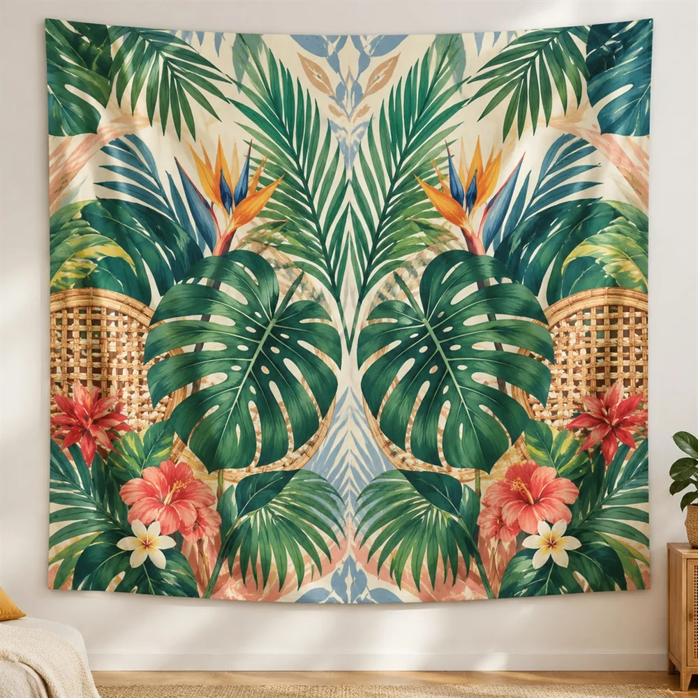 VIKAMA Monstera Palm Leaves Mirror Symmetric Tapestry Wall Hanging, Southeast Asian Wall Art Tapestries for Living Room Bedroom