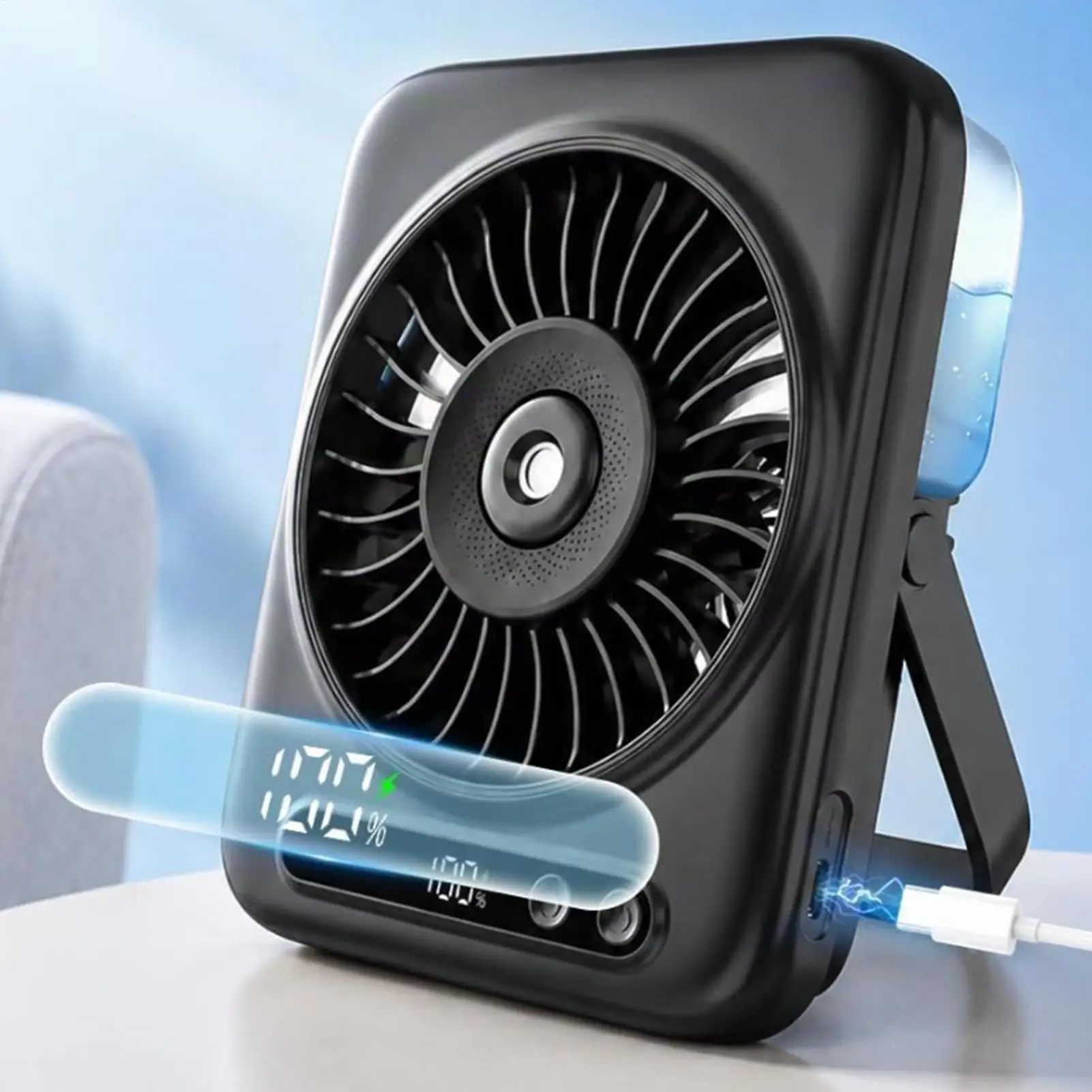 Portable Fan With Mist 5-Speed USB Rechargeable Humidifier 120-Degree Adjustable Angle LED Display Water Spray Fan For Bedside