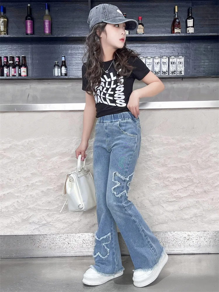 Teens Girl Pants Jeans Fashion Children Slim Denim Flared Jeans Embroidered Butterfly Design Sense Kids Trousers Girl Long Pants