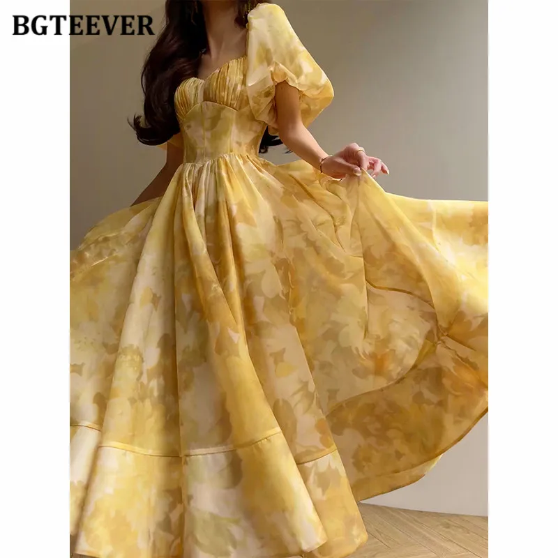 

BGTEEVER Summer Square Collar Floral Dress for Women Vintage Slim Waist Puff Sleeve Female A-line Dress