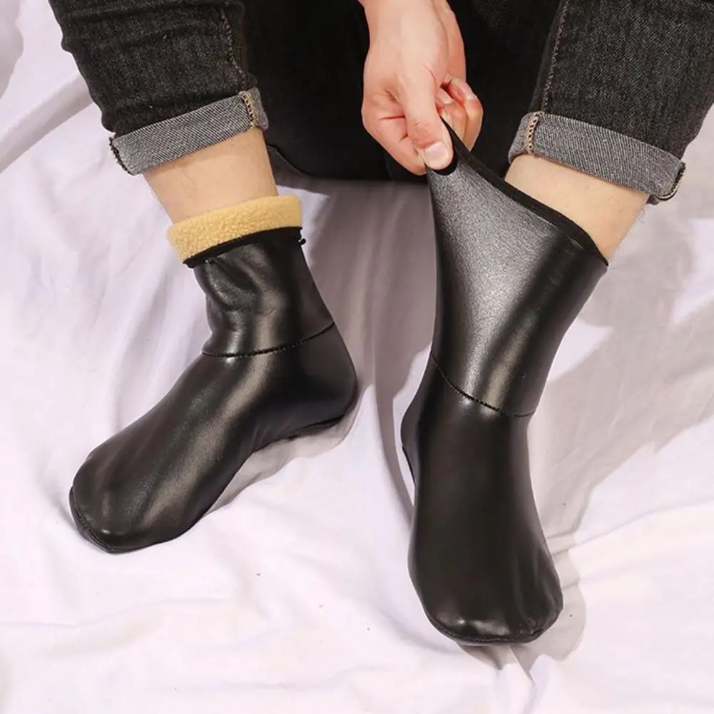 

Носки из искусственной кожи, мужские носки-тапочки из искусственной кожи, водонепроницаемые домашние нескользящие зимние теплые носки на флисовой подкладке для спальни