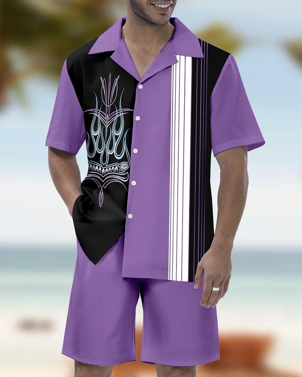 Summer  Men's Short-sleeved Shirt Sets Seaside Party Casual Men's Shirt Shorts Street Daily Fashion Striped Printed Men's Set