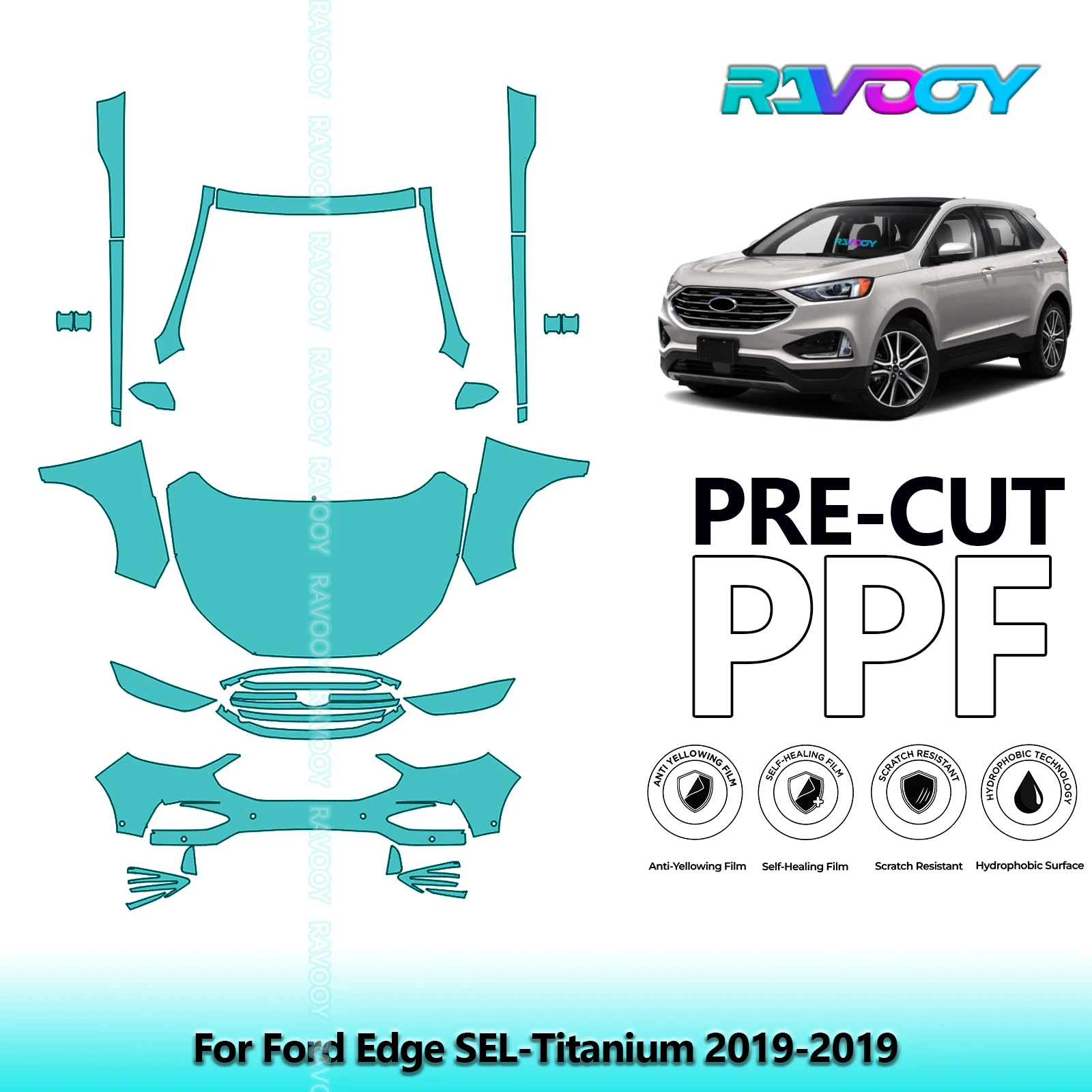 

8.5Mil Precut Paint Protection Film PPF Clear Bra Front Kit+Rockers For Ford Edge SEL-Titanium 2019-2019