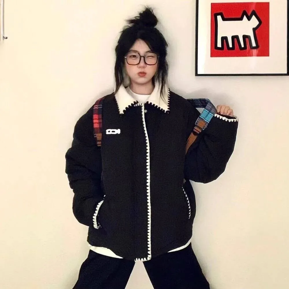 

Thickened Shell Lamb Fur Patchwork Short Jacket Women's Winter Coat Cotton Padded Outerwear Casual Style Fresh Sweet