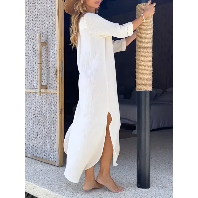 المشمش سبليت الجانب فساتين طويلة للنساء 2025 فضفاضة تناسب تقسم زر جيوب التلبيب كم طويل قمصان بسيطة فستان 180258 #3