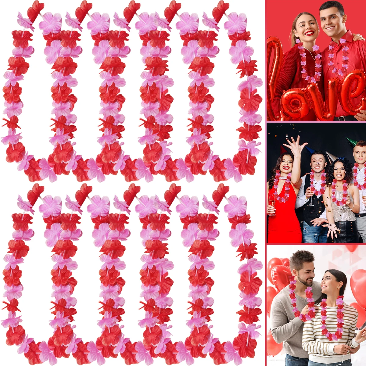 2/10/20 piezas flor sintética sin luz Leis hawaiano coronas rosas y rojas collar Leis del Día de San Valentín para la playa del Día de San Valentín