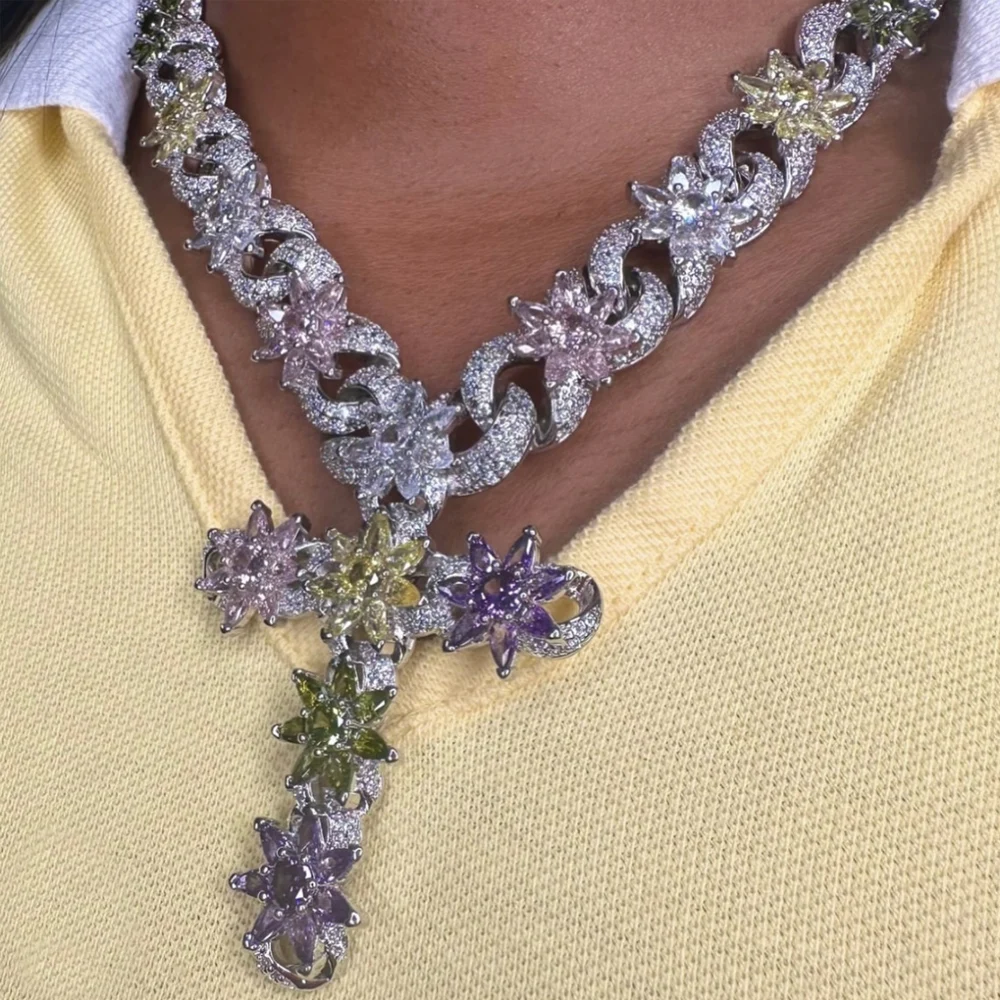 

UWIN Colorful Flower Cross Pendant with Cuban Chain Necklaces Iced Out Cubic Zirconia Chain Necklaces Hip Hop Jewelry for Gift